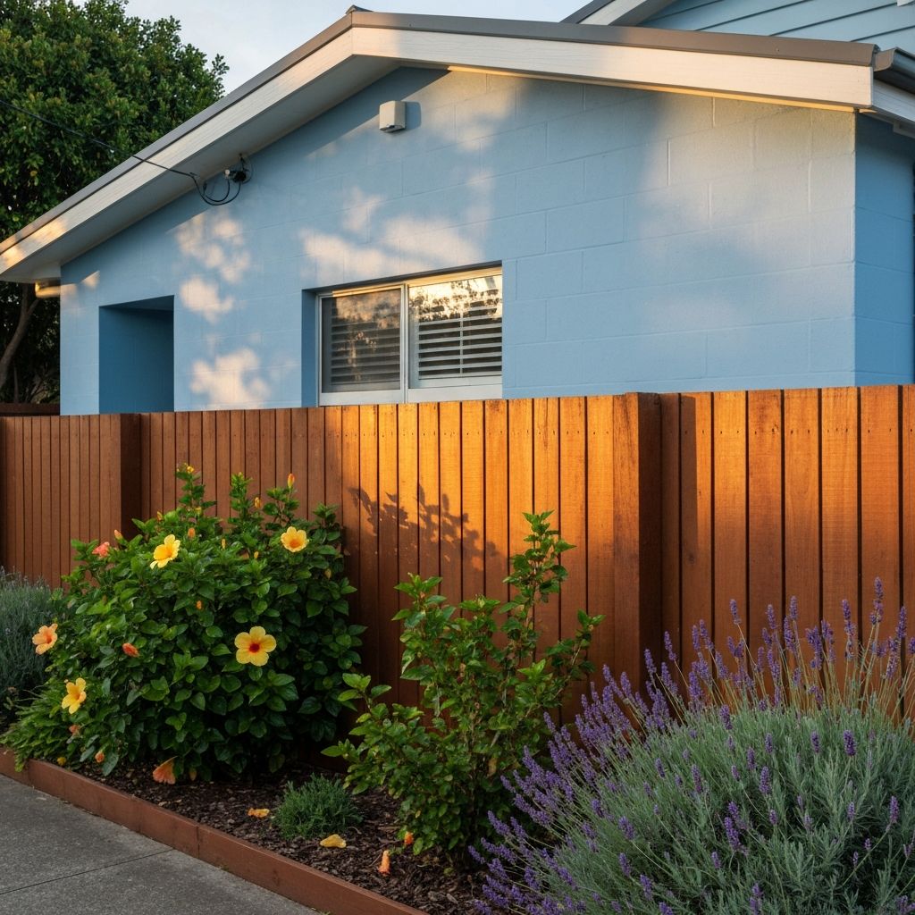 Freshly painted house exterior walls and timber fence